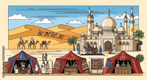 Bustling desert market by a grand mosque