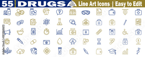 Collection of line art medical drug icons, symbols for healthcare and pharmaceutical industry vector illustrations. 