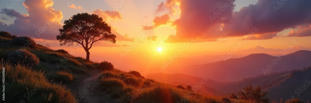 Obraz premium Serene sunrise over a tranquil landscape, evoking feelings of peace, hope, and spiritual awakening Perfect for themes of faith, renewal, and divine connection , prayer, gospel, background