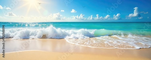 Sun-drenched beach scene with vibrant blue ocean waves crashing on golden sand Perfect for summer vacation themes, travel brochures, and holiday websites , waves, beautiful, calm