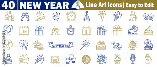 Set of 40 new year line art icons vector celebration editable design elements graphic resource. 
