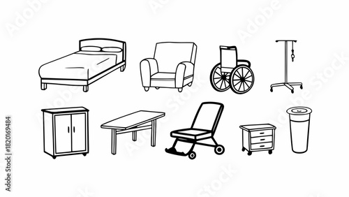 Doodle set of 10 hospital furniture icons scalable vector graphics for medical design