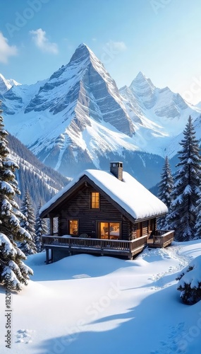 Cozy mountain chalet nestled amidst snow-capped peaks, offering stunning views and rustic charm Perfect for a winter getaway or adventurous escape , peaks, fireplace