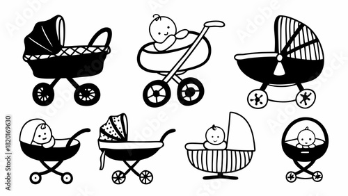 Doodle set of 10 babies in strollers and cribs vector illustration scalable eps icon