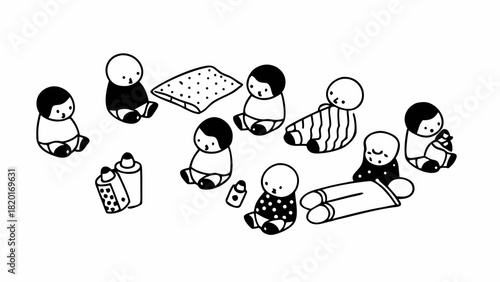 Cute doodle set of 10 babies with toys and bottles for vector graphics