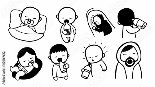 Charming doodle set 10 baby illustrations sleeping yawning and drinking vector