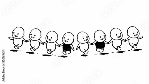 Charming doodle set of ten babies learning to walk holding hands vector illustration