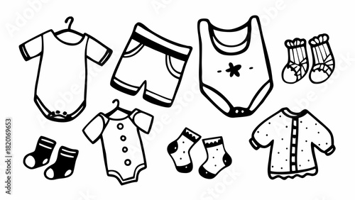 Hand-drawn vector illustration of cute baby undergarments and socks set