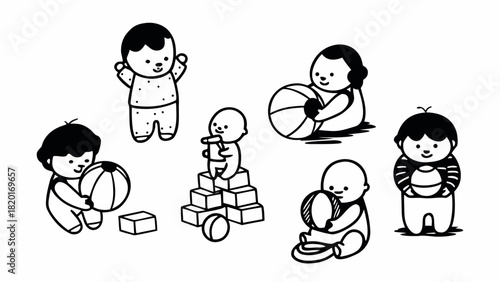 Set of adorable doodle babies playing with toys blocks and balls vector illustration