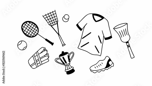 Doodle vector illustration of badminton equipment and sports items for graphic design