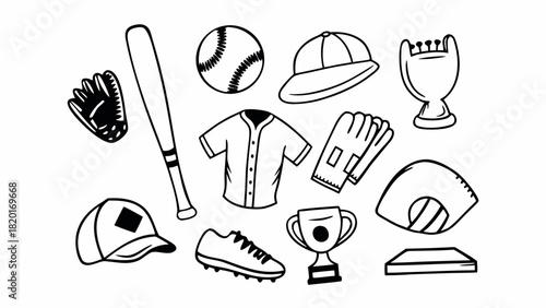 Doodle baseball icon set vector scalable sports equipment collection eps