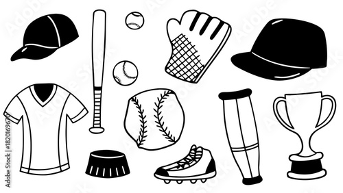 Vector doodle set of 10 baseball and softball sports equipment illustrations