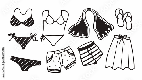 Doodle set of 10 beach innerwear and apparel vector illustration for summer