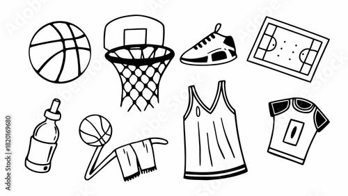 Doodle set of 10 basketball items vector illustration scalable icon graphic