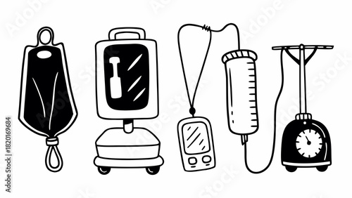 Doodle set of 10 blood donation machines and apheresis equipment vector illustration