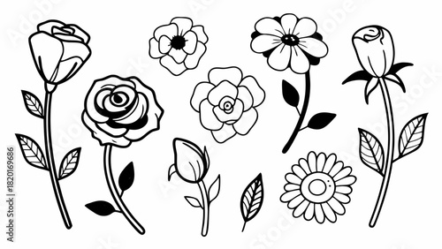 Set of 10 blooming hand drawn flower doodles vector scalable illustration