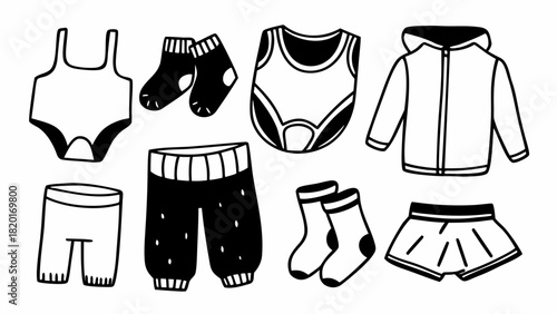Hand-drawn vector set of children's clothing items and underwear icons