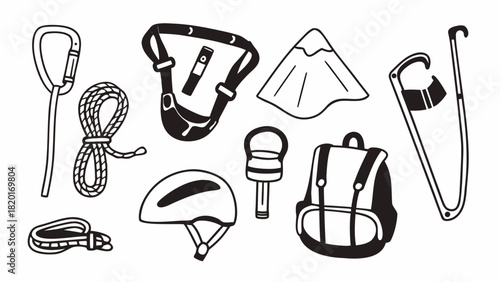 Doodle set of 10 climbing gear icons vector scalable illustration for adventure