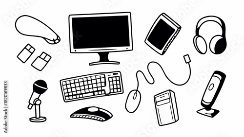 Hand drawn vector doodle set of 10 computer accessories scalable eps icon
