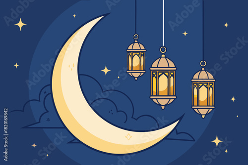 Crisp Bold Crescent Moon And Lanterns Glowing Premium Digital Asset