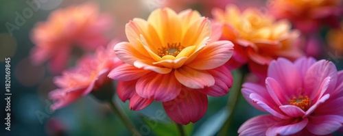 Close-up of vibrant, colorful flowers, petals gently swaying as if breathing in a soft breeze Delicate details and soft lighting create a serene, floral atmosphere , growth, breathing, natural