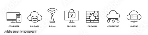 Data-Driven Computing Icons set vector illustration outline with Computer, Big data, Signal, Security, Firewall, Computing, Hosting