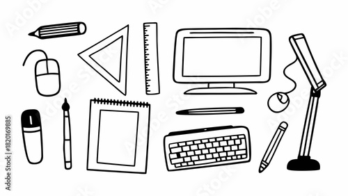 Doodle set of creative tools including computer mouse keyboard lamp and art supplies
