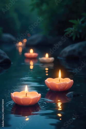 Serene floating candles illuminate a tranquil water scene, creating a magical ambiance perfect for relaxation and meditation Ideal for spa, wellness, and spiritual themes , evening, spa