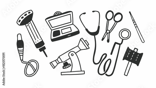 Doodle set of 10 medical equipment icons for healthcare vector graphics