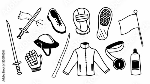 Doodle set of 10 fencing items vector illustration scalable eps icon
