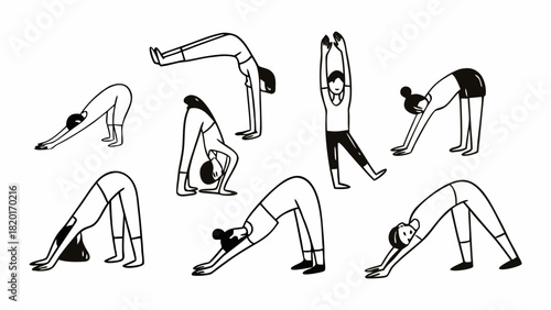 Hand-drawn doodle set of 10 flexibility exercises yoga stretches vector illustration