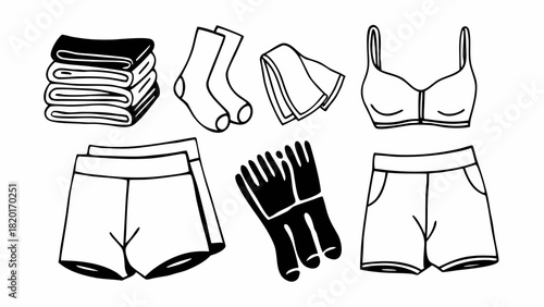 Hand drawn vector illustration of folded undergarments and clothing icons