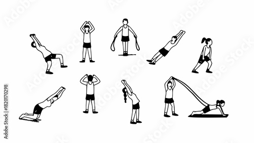 Set of 10 doodle-style functional training exercises vector illustration for health and fitness