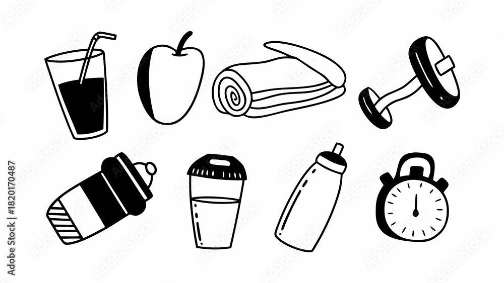 Naklejka premium Doodle set of 10 gym water and nutrition moments vector illustration icons
