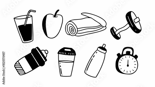 Doodle set of 10 gym water and nutrition moments vector illustration icons