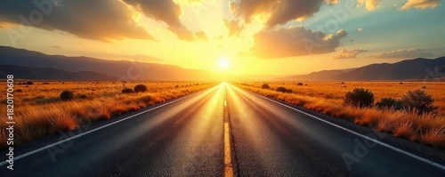 Endless asphalt ribbon disappearing into a hazy, sun-drenched horizon, promising adventure and open road freedom Perfect for travel, wanderlust, and vacation themes , destination, wayfaring, endless