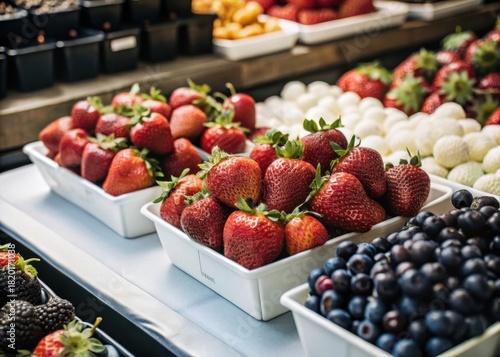 Vibrant fresh strawberries and an assortment of colorful fruits await discovery at a bustling local market display