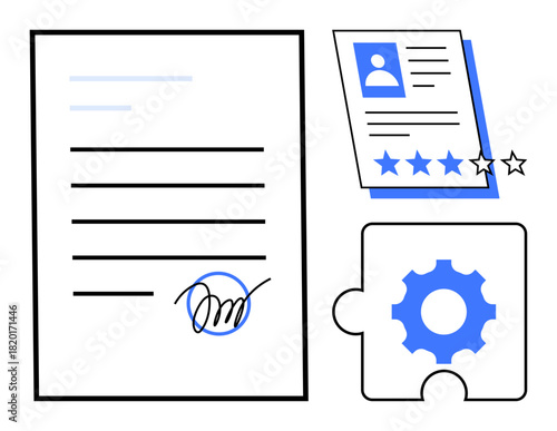Signed document, detailed candidate profile with star rating, and gear puzzle piece symbolizing process optimization. Ideal for hiring, recruitment, HR management, approvals, teamwork, workflow