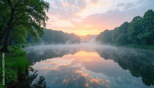 Serene natural pond scene at dawn, mist rising over calm water, reflecting the tranquil sky and surrounding lush greenery Perfect for nature, environmental, and peaceful themes , calm, environment