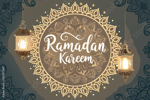 Beautiful Calligraphy Ramadan Kareem With Glowing Premium Digital Asset