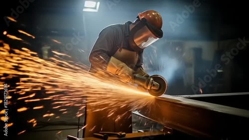 Skilled Industrial Worker Grinding Metal with Sparks Flying in a Dark Workshop.
