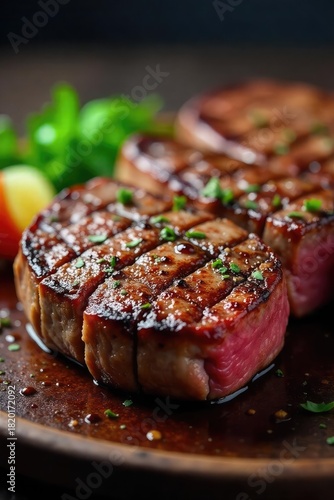 Juicy sirloin steaks, perfectly seared and seasoned, ready to be devoured Close-up shot highlighting the marbling and texture of the meat , butchery, recipe, succulent