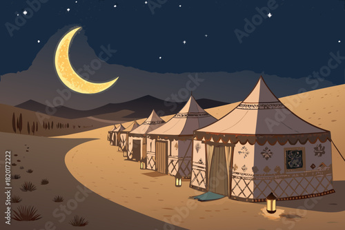 Elegant Crescent Moon Shining Over Desert Tents Dur Professional Photo