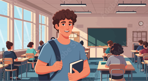Optimistic young male student with a backpack and book, smiling confidently in a modern, sunlit classroom, ready for an engaging day of learning and academic success
