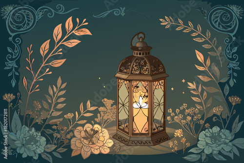Dynamic Glowing Lantern Inside Ornate Floral Frame Premium Digital Asset
