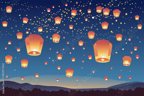 Showcasing Glowing Lanterns Raining Down Over Deep Gra Elegant High-Quality Stock Image