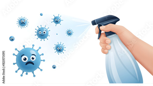 A hand holds a spray bottle, disinfecting the air filled with cartoon-like viruses with sad faces