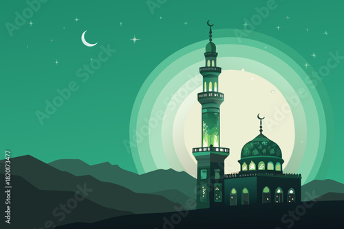Depicting Mosque Tower Glowing Against Deep Emerald Beautiful Premium Digital Asset