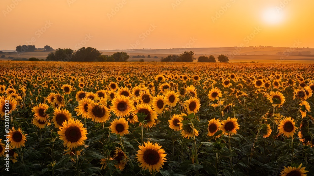 Fototapeta premium Vast field of vibrant sunflowers bathed in the warm glow of a setting sun
