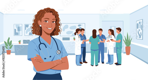 Dedicated Nurse Leader Stands Proudly Before Her Medical Team in a Hospital Setting